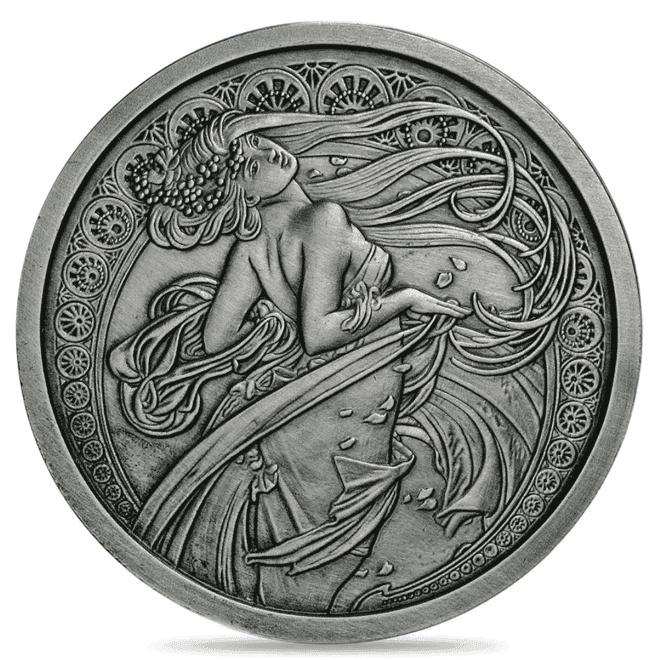 5 oz Mucha Collection Antiqued Silver Round .999 Fine (Random Design)