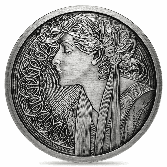 5 oz Mucha Collection Antiqued Silver Round .999 Fine (Random Design)