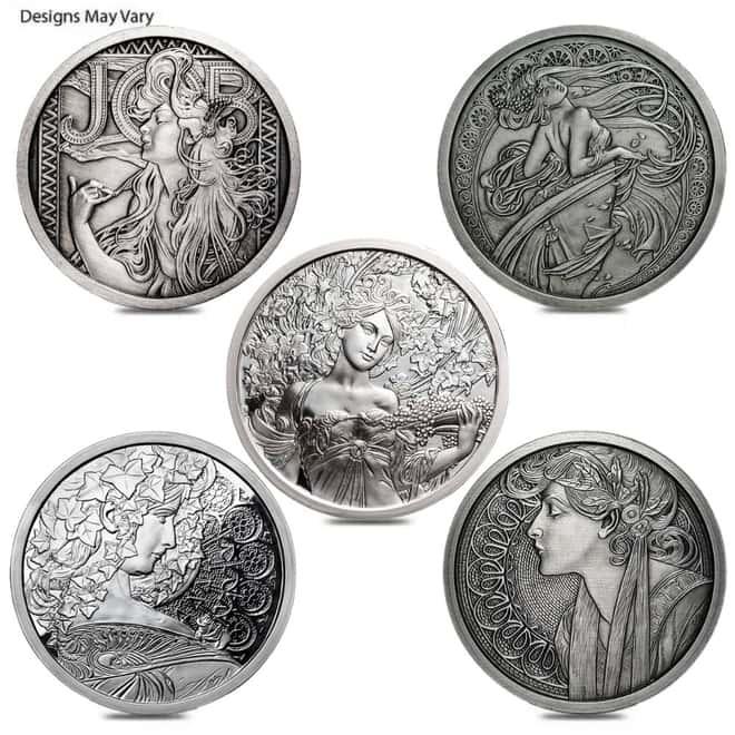 5 oz Mucha Collection Antiqued Silver Round .999 Fine (Random Design)