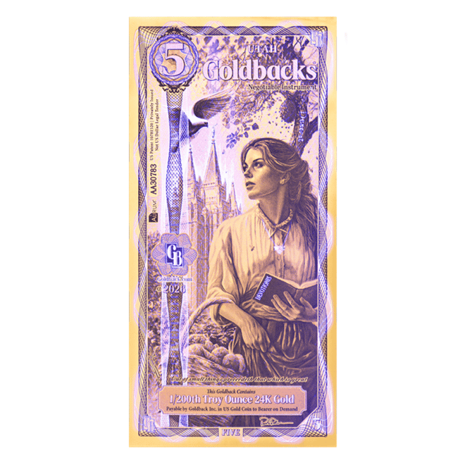 5 Utah Goldback 1/200 oz 24K Gold Foil Aurum Note (New Design)