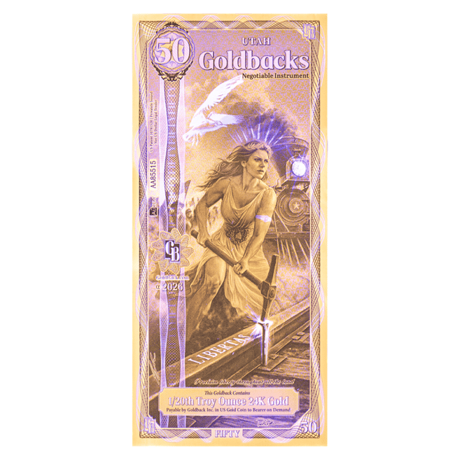 50 Utah Goldback 1/20 oz 24K Gold Foil Aurum Note (New Design)