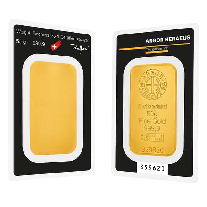 50 gram Argor Heraeus Gold Bar .9999 Fine (In Assay)
