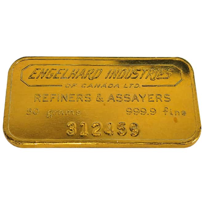 50 Gram Engelhard Industries Vintage Gold Bar .9999 Fine
