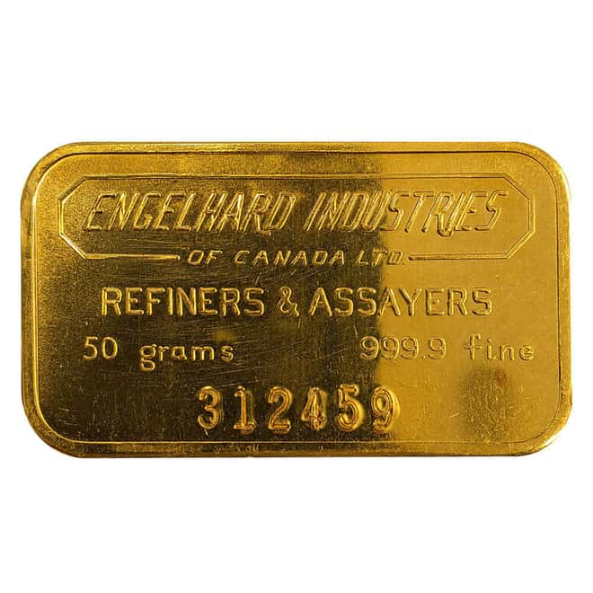 50 Gram Engelhard Industries Vintage Gold Bar .9999 Fine