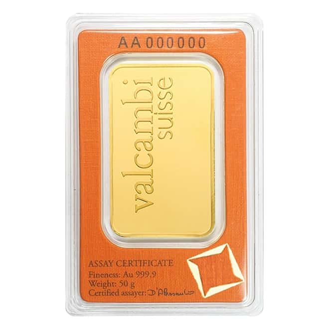 50 gram Gold Bar Valcambi Suisse .9999 Fine (In Assay)