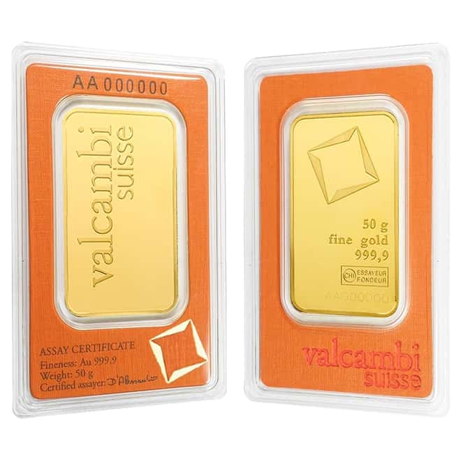 50 gram Gold Bar Valcambi Suisse .9999 Fine (In Assay)