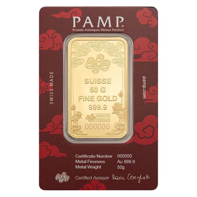 50 Gram PAMP Suisse Good Luck Yellow Dragon Gold Bar .9999 Fine (in Assay)