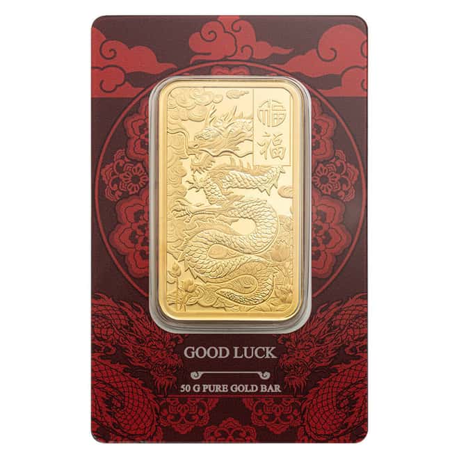 50 Gram PAMP Suisse Good Luck Yellow Dragon Gold Bar .9999 Fine (in Assay)