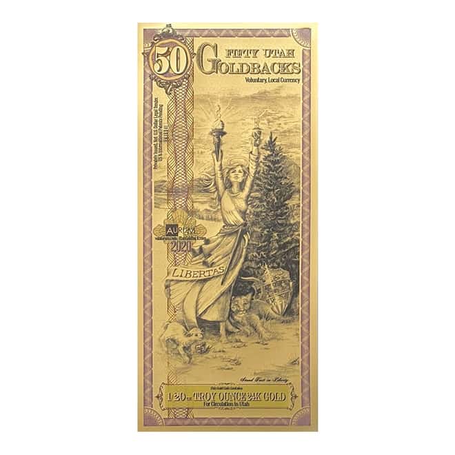 50 Utah Goldbacks 1/20 oz 24K Gold Foil Aurum Note