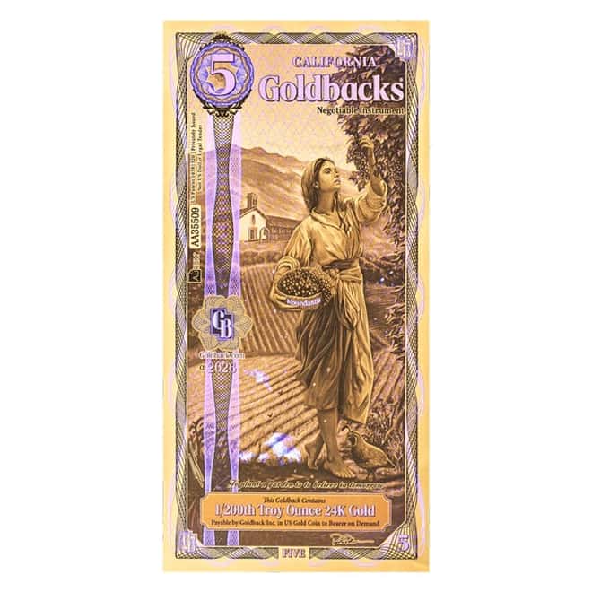 5 California Goldback 1/200 oz 24K Gold Foil Aurum Note