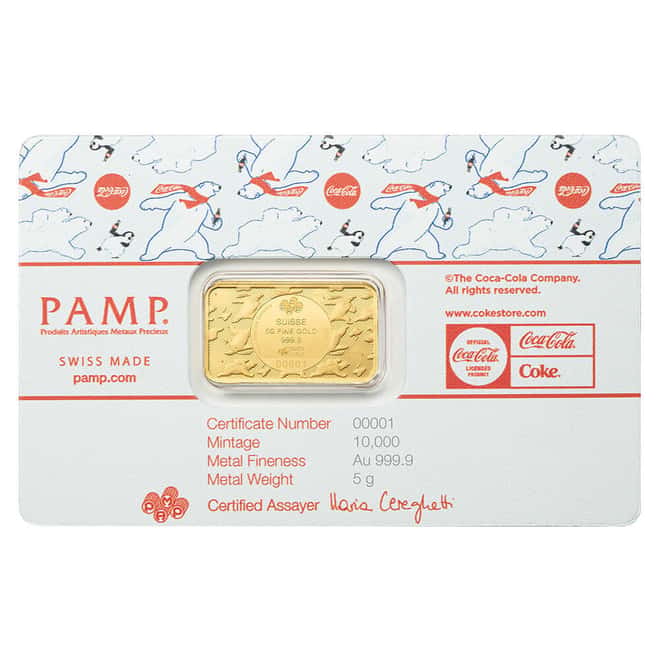 5 Gram Coca-Cola® Holiday Polar Bear PAMP Suisse Gold Bar (White Assay)