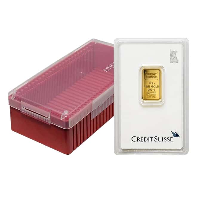 5 gram Credit Suisse Statue of Liberty Gold Bar .9999 Fine (In Assay)