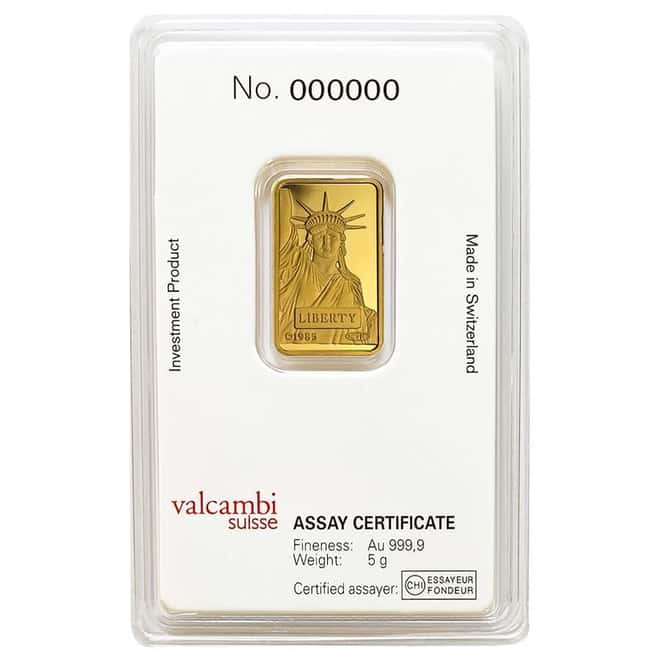 5 gram Credit Suisse Statue of Liberty Gold Bar .9999 Fine (In Assay)