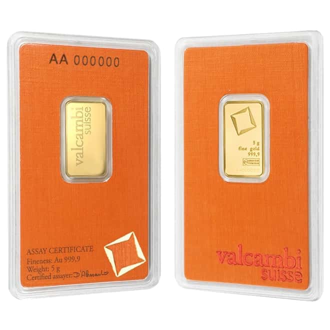 5 gram Gold Bar Valcambi Suisse .9999 Fine (In Assay)