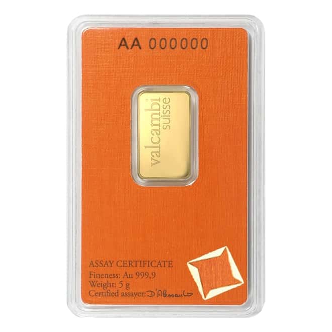 5 gram Gold Bar Valcambi Suisse .9999 Fine (In Assay)