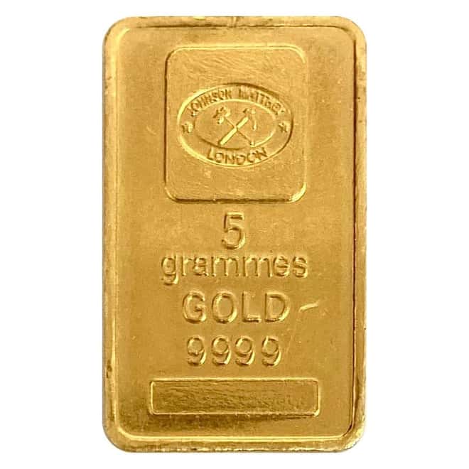 5 gram Johnson Matthey London Gold Bar .9999 Fine
