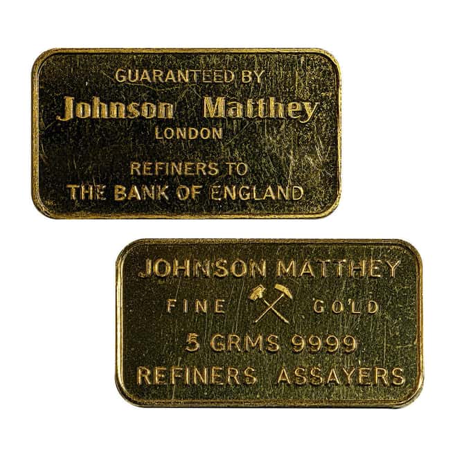 5 Gram Johnson Matthey London Gold Bar .9999 Fine (Pressed)