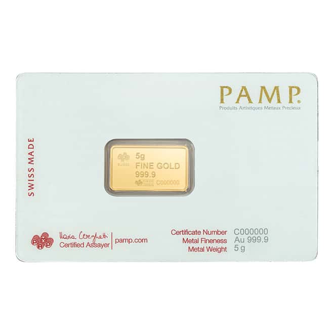 5 Gram PAMP Suisse Bald Eagle Gold Bar .9999 Fine (in Assay)