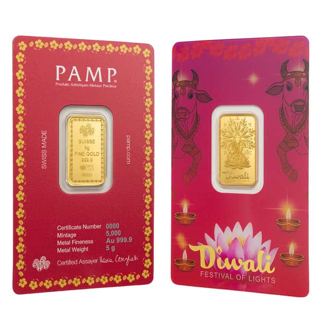 5 Gram PAMP Suisse Diwali Lakshmi & Sacred Cow Gold Bar .9999 Fine (in Assay)
