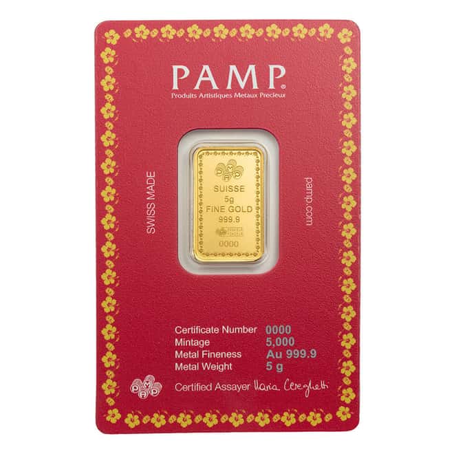5 Gram PAMP Suisse Diwali Lakshmi & Sacred Cow Gold Bar .9999 Fine (in Assay)