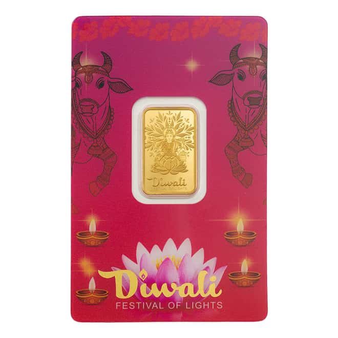 5 Gram PAMP Suisse Diwali Lakshmi & Sacred Cow Gold Bar .9999 Fine (in Assay)