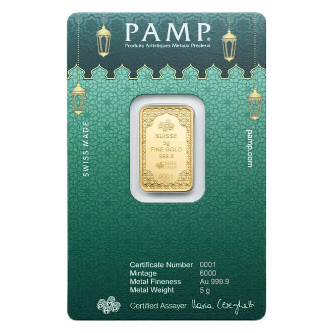 5 Gram PAMP Suisse Eid Mubarak Gold Bar .9999 Fine (in Assay)