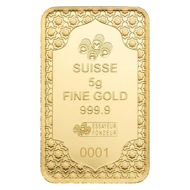 5 Gram PAMP Suisse Eid Mubarak Gold Bar .9999 Fine (in Assay)