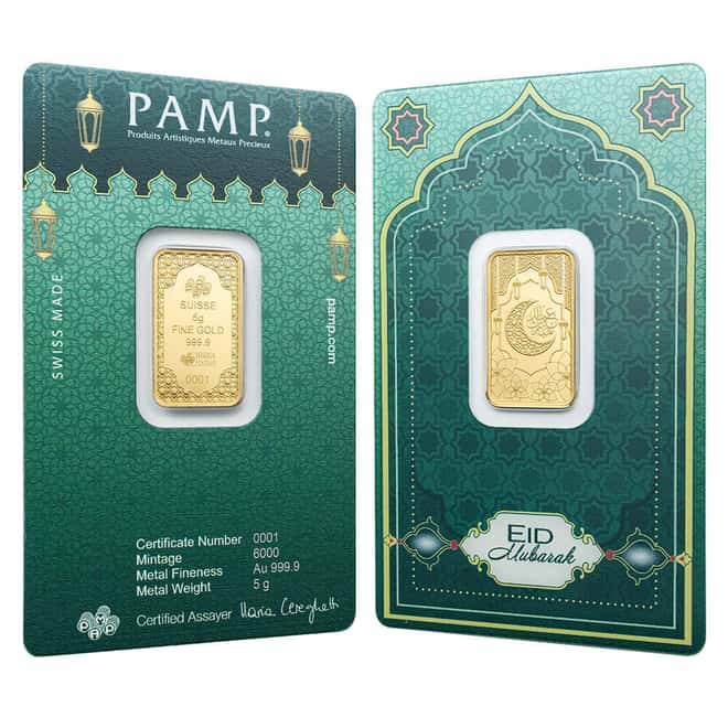 5 Gram PAMP Suisse Eid Mubarak Gold Bar .9999 Fine (in Assay)