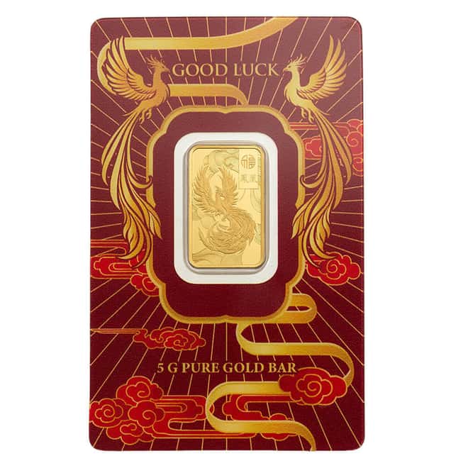 5 Gram PAMP Suisse Good Luck Phoenix Gold Bar .9999 Fine (in Assay)