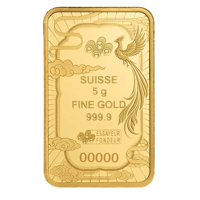 5 Gram PAMP Suisse Good Luck Phoenix Gold Bar .9999 Fine (in Assay)