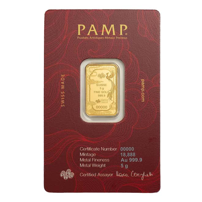5 Gram PAMP Suisse Good Luck Phoenix Gold Bar .9999 Fine (in Assay)