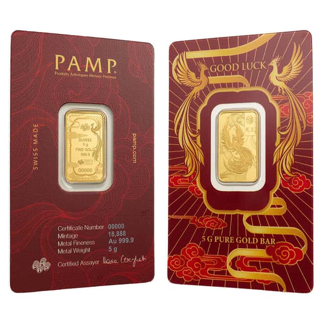 5 Gram PAMP Suisse Good Luck Phoenix Gold Bar .9999 Fine (in Assay)