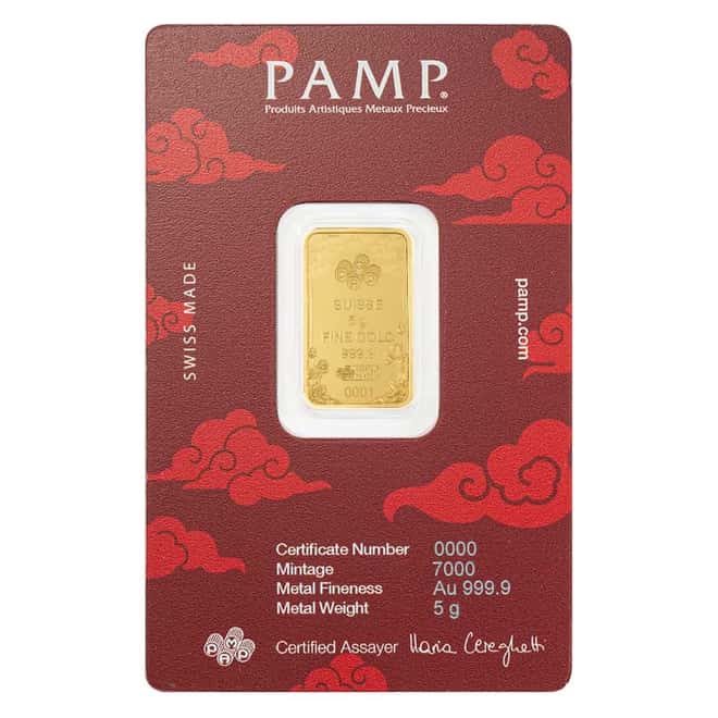 5 Gram PAMP Suisse Good Luck Yellow Dragon Gold Bar .9999 Fine (in Assay)