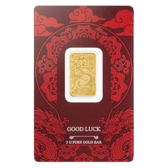 5 Gram PAMP Suisse Good Luck Yellow Dragon Gold Bar .9999 Fine (in Assay)