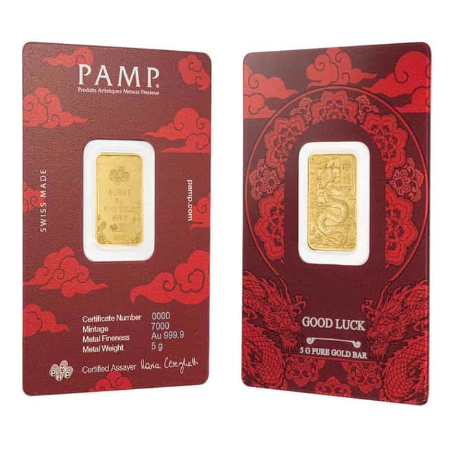 5 Gram PAMP Suisse Good Luck Yellow Dragon Gold Bar .9999 Fine (in Assay)