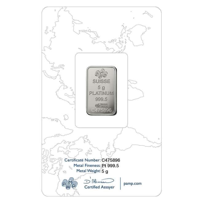 5 Gram PAMP Suisse Lady Fortuna Platinum Bar .9995 Fine (in Assay)