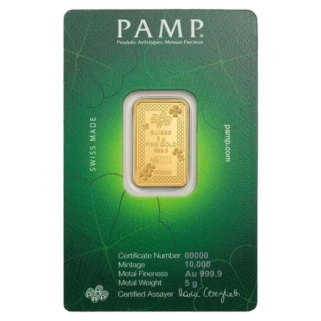 5 Gram PAMP Suisse Lucky Charm Four-Leaf Clover Gold Bar .9999 Fine (in Assay)