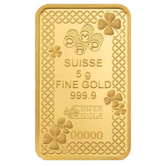 5 Gram PAMP Suisse Lucky Charm Four-Leaf Clover Gold Bar .9999 Fine (in Assay)