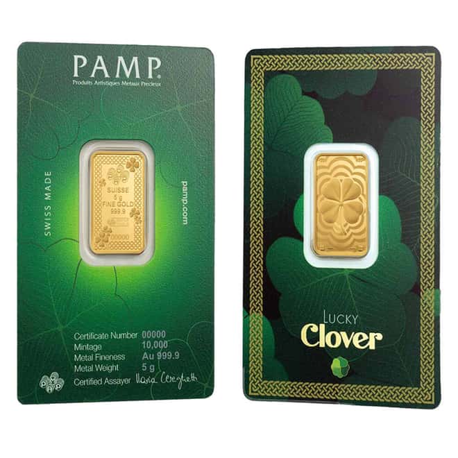 5 Gram PAMP Suisse Lucky Charm Four-Leaf Clover Gold Bar .9999 Fine (in Assay)
