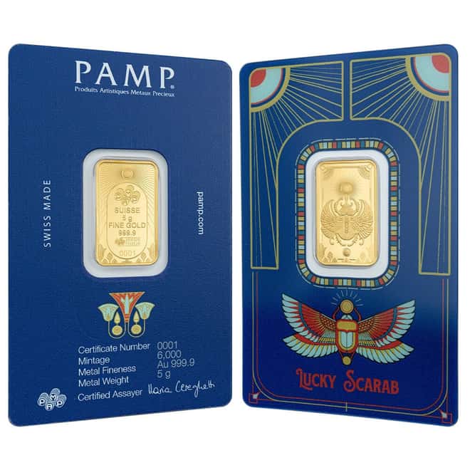 5 Gram PAMP Suisse Lucky Scarab Gold Bar .9999 Fine (in Assay)