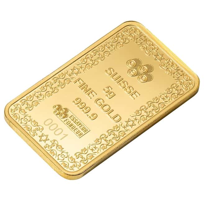 5 Gram PAMP Suisse Star of David Gold Bar .9999 Fine (in Assay)