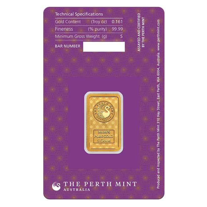 5 Gram Perth Mint Diwali Lakshmi Gold Bar .9999 Fine (in Assay)