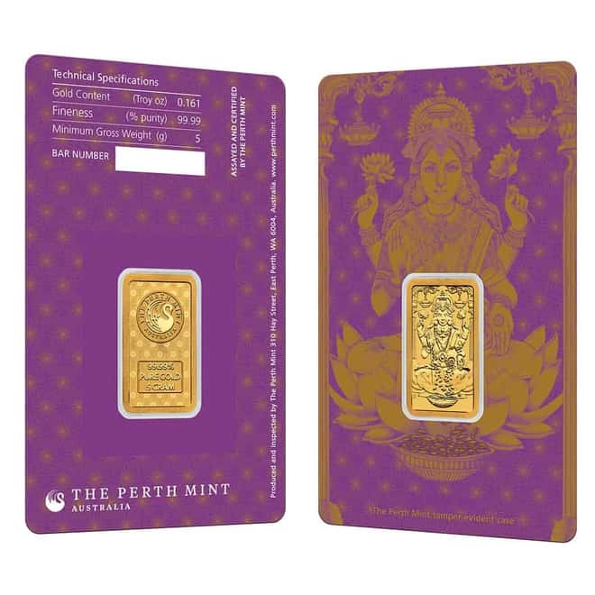 Box of 25 - 5 Gram Perth Mint Diwali Lakshmi Gold Bar .9999 Fine (in Assay)