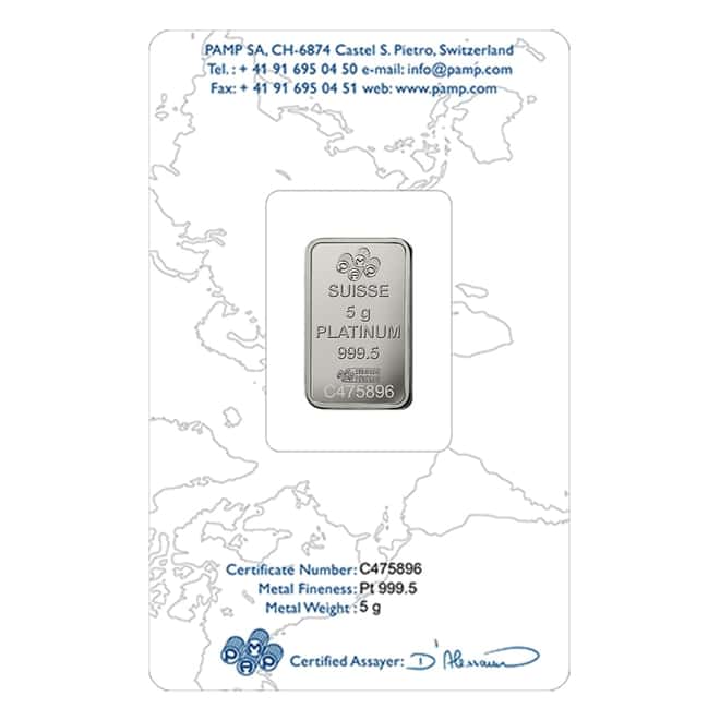 5 Gram Platinum Bar PAMP Suisse Rosa .9995 Fine (In Assay)