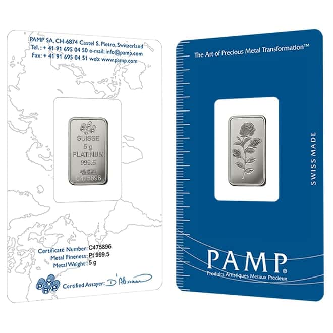 5 Gram Platinum Bar PAMP Suisse Rosa .9995 Fine (In Assay)