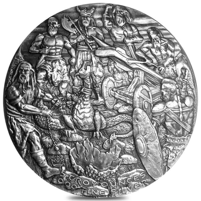 5 oz Baby Dragon vs Vikings Ultra High Relief Fantasy Silver Round .999 Fine