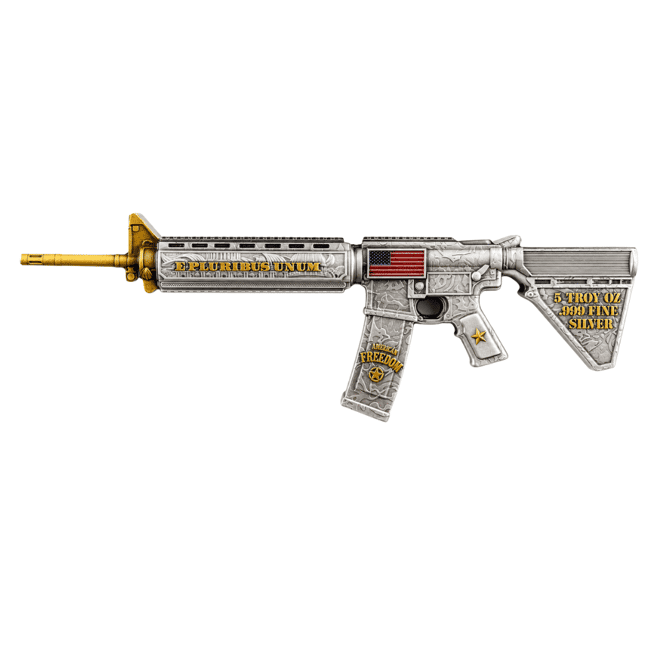 5 oz M16 Style Rifle Shaped Silver .999 Fine Antiqued Finish