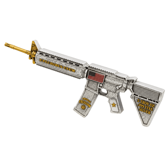 5 oz M16 Style Rifle Shaped Silver .999 Fine Antiqued Finish