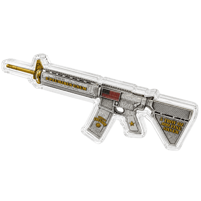 5 oz M16 Style Rifle Shaped Silver .999 Fine Antiqued Finish