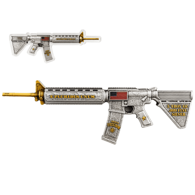 5 oz M16 Style Rifle Shaped Silver .999 Fine Antiqued Finish